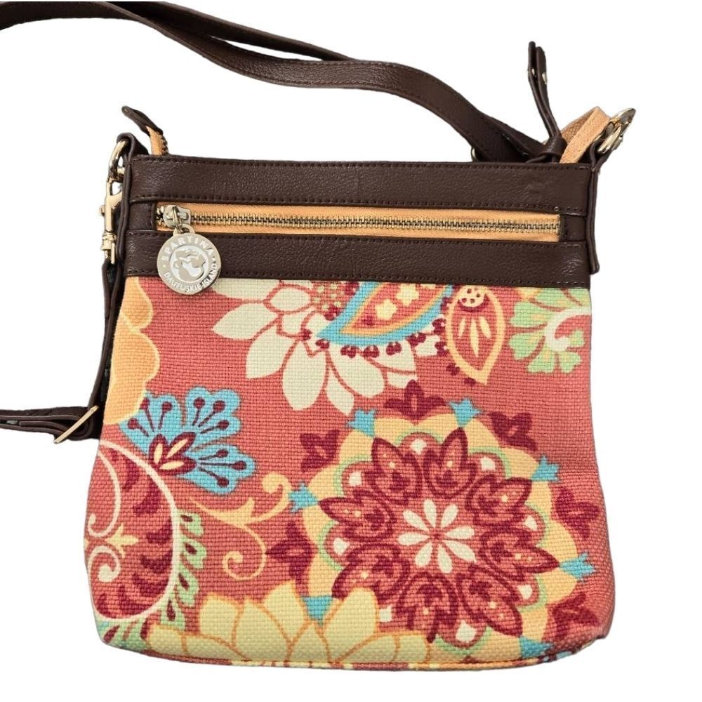 Spartina 449 Leather and Linen Floral Crossbody Purse Like New - Picture 7 of 8